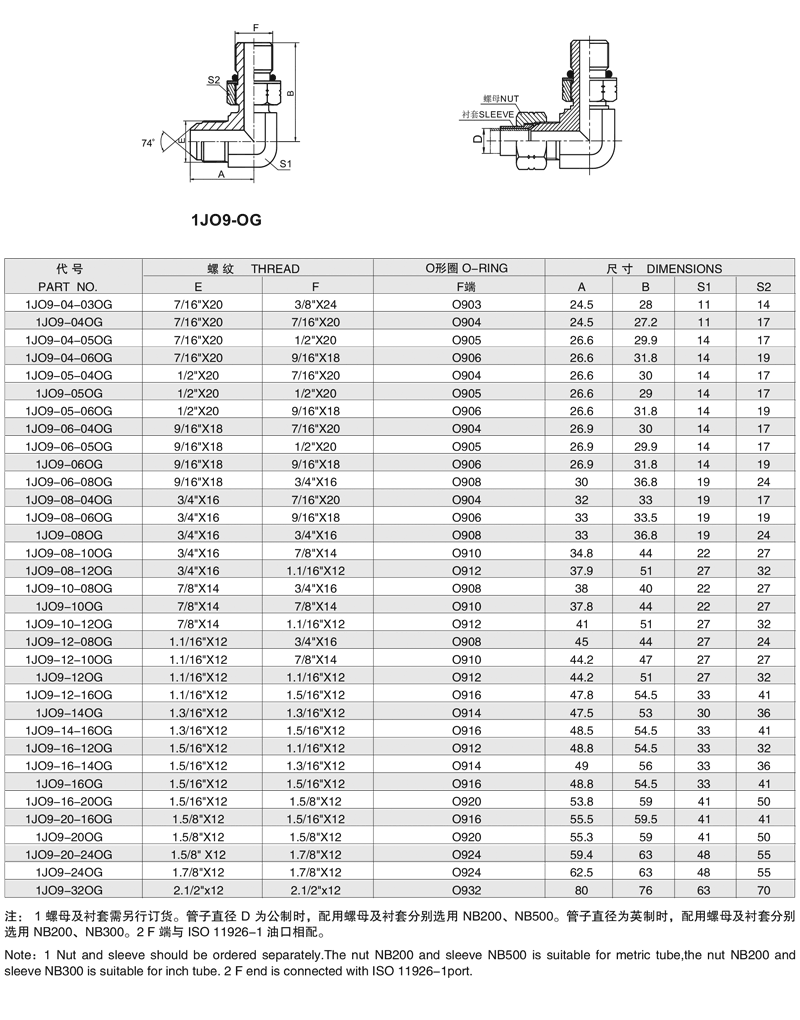 1JO9-OG90°弯美制JIC外螺纹74°